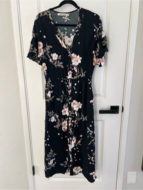 Liberty Love Black Floral Midi Dress with Pink & Cream Blooms